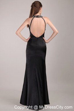 Black Column Scoop Backless Rhinestones Prom Gown with High-slit