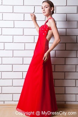 Red Chiffon Empire Floor-length Halter Rhinestone Prom Dress