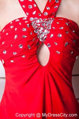 Red Chiffon Empire Floor-length Halter Rhinestone Prom Dress