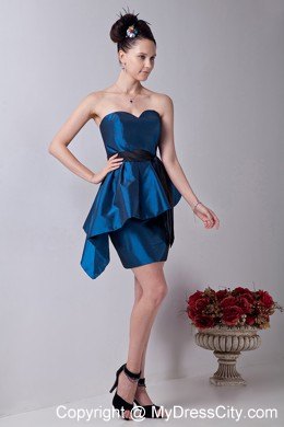 Mini-length Blue Column Sweetheart Taffeta Prom Dress with Sashes