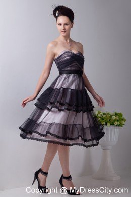 Black Empire Sweetheart Tea-length Hand Made Flowers Prom Dress