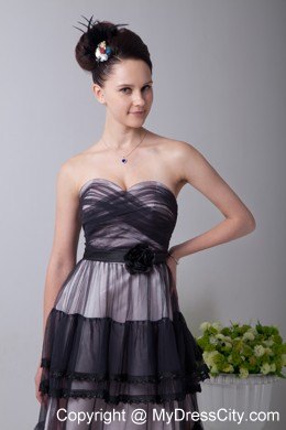 Black Empire Sweetheart Tea-length Hand Made Flowers Prom Dress