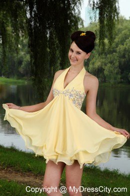 Light Yellow Chiffon Empire Halter Mini-length Beading Prom Dress