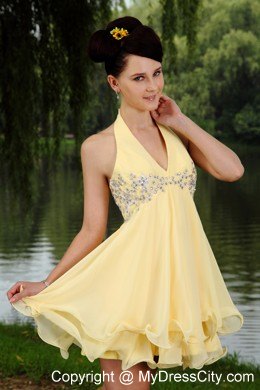 Light Yellow Chiffon Empire Halter Mini-length Beading Prom Dress