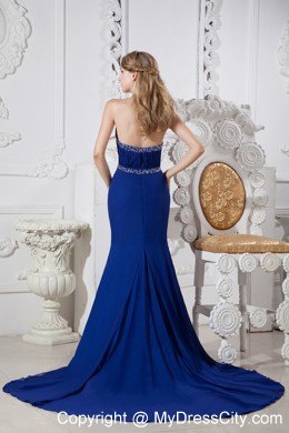 Glamorous Blue Halter Column Beaded Prom Dress with Chapel Train