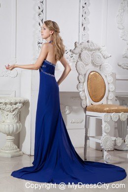 Glamorous Blue Halter Column Beaded Prom Dress with Chapel Train