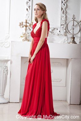 Elegant Chiffon Brush Train Red A-line V-neck Beaded Prom Dress