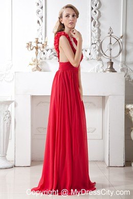 Elegant Chiffon Brush Train Red A-line V-neck Beaded Prom Dress