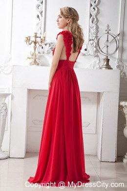 Elegant Chiffon Brush Train Red A-line V-neck Beaded Prom Dress