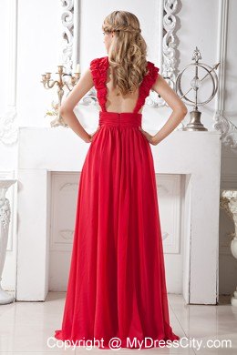 Elegant Chiffon Brush Train Red A-line V-neck Beaded Prom Dress