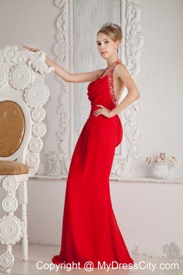 Red Mermaid Floor-length Halter Ruched and Beaded Prom Dress