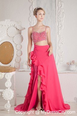 Beading Court Train Hot Pink Prom Dress with Stomach Cutout