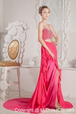 Beading Court Train Hot Pink Prom Dress with Stomach Cutout