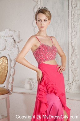 Beading Court Train Hot Pink Prom Dress with Stomach Cutout