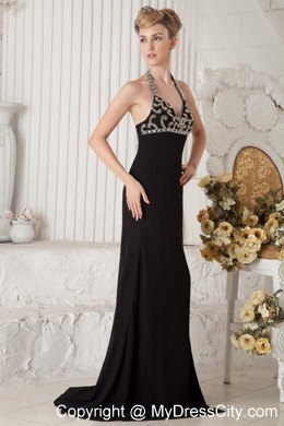 Brush Train Chiffon Empire Halter Beading Black Dress for Prom