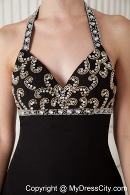 Brush Train Chiffon Empire Halter Beading Black Dress for Prom