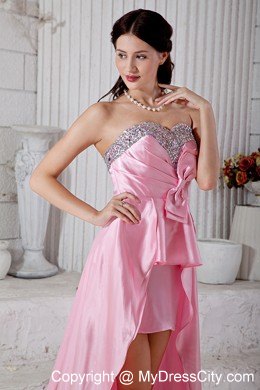 Pink Beading Sweetheart High-low Taffeta Prom Dress with Bowknot