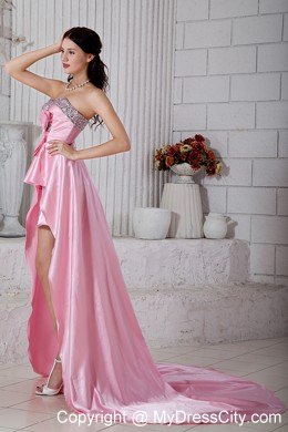 Pink Beading Sweetheart High-low Taffeta Prom Dress with Bowknot