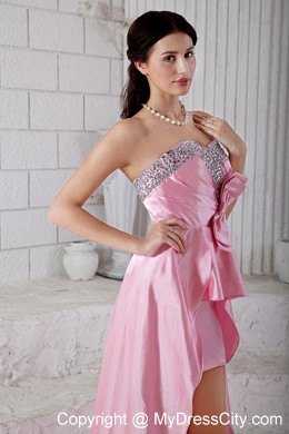 Pink Beading Sweetheart High-low Taffeta Prom Dress with Bowknot