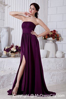 Chiffon Dark Purple Brush Train Empire Strapless Ruched Prom Dress