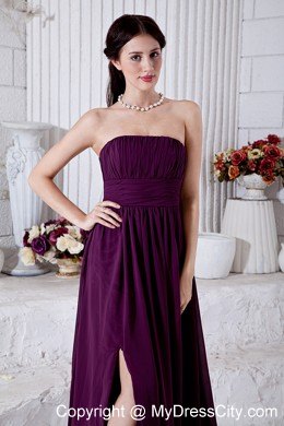 Chiffon Dark Purple Brush Train Empire Strapless Ruched Prom Dress