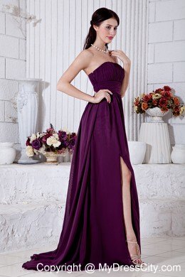 Chiffon Dark Purple Brush Train Empire Strapless Ruched Prom Dress