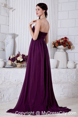 Chiffon Dark Purple Brush Train Empire Strapless Ruched Prom Dress