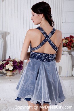 Blue and White A-line V-neck Mini-length Prom Dress with Beading