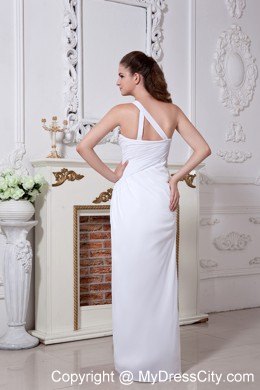 White Column One Shoulder Floor-length Chiffon Ruched Prom Dress