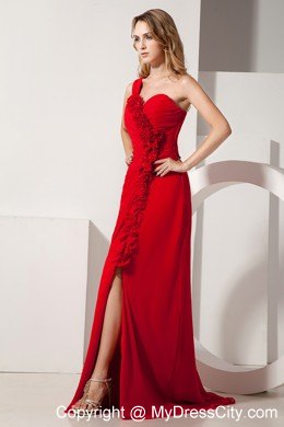 Red Empire Chiffon One Shoulder Hand Made Flowers Prom Dress