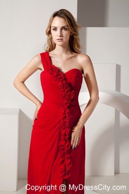 Red Empire Chiffon One Shoulder Hand Made Flowers Prom Dress