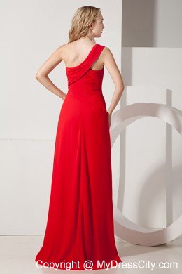 Red Empire Chiffon One Shoulder Hand Made Flowers Prom Dress