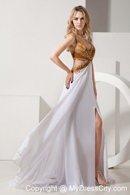 White Brush Train Beaded Prom Dress with Beaded Gold Corset