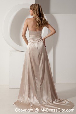 Champagne Court Train Elastic Wove Satin Beaded Prom Dress