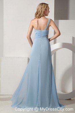 Light Blue One Shoulder Beaded and Ruched Bust Dress for Prom