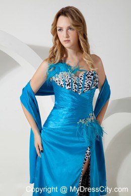 Sky Blue Taffeta and Leopard Feather Decorated Prom Dress