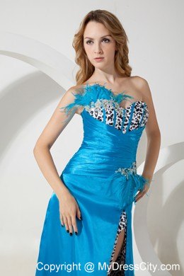 Sky Blue Taffeta and Leopard Feather Decorated Prom Dress