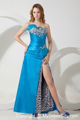 Sky Blue Taffeta and Leopard Feather Decorated Prom Dress