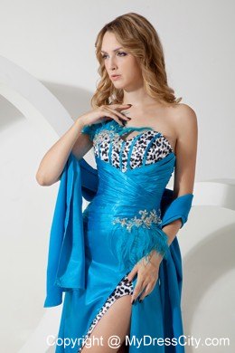 Sky Blue Taffeta and Leopard Feather Decorated Prom Dress