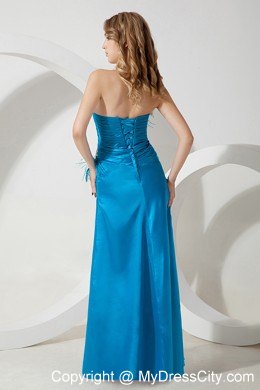 Sky Blue Taffeta and Leopard Feather Decorated Prom Dress