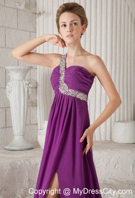 Purple Empire One Shoulder Watteau Train Beaded Prom Dress