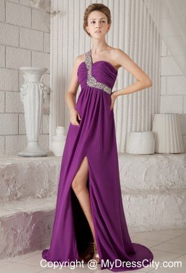 Purple Empire One Shoulder Watteau Train Beaded Prom Dress