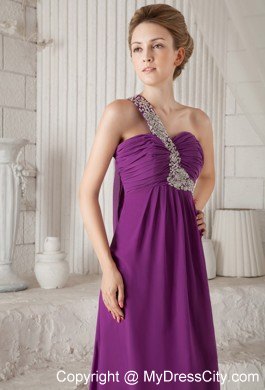 Purple Empire One Shoulder Watteau Train Beaded Prom Dress