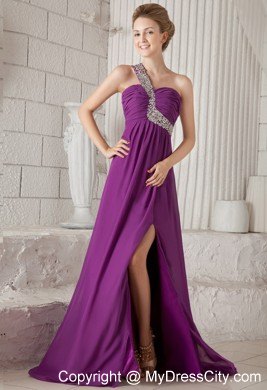 Purple Empire One Shoulder Watteau Train Beaded Prom Dress