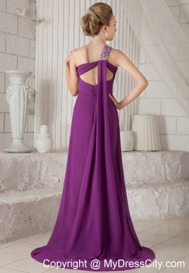 Purple Empire One Shoulder Watteau Train Beaded Prom Dress