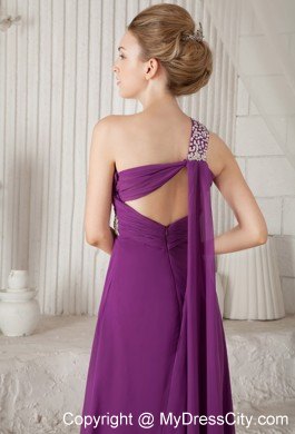 Purple Empire One Shoulder Watteau Train Beaded Prom Dress