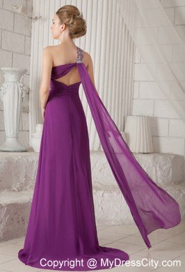 Purple Empire One Shoulder Watteau Train Beaded Prom Dress