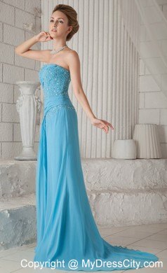 Aqua Blue Strapless Brush Train Chiffon Beaded Prom Dress