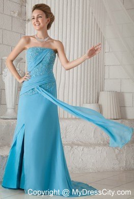 Aqua Blue Strapless Brush Train Chiffon Beaded Prom Dress