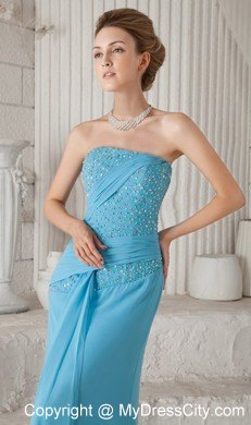 Aqua Blue Strapless Brush Train Chiffon Beaded Prom Dress